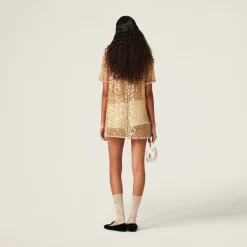 Sand Beige Embroidered Organza Mini-dress | Miu Miu