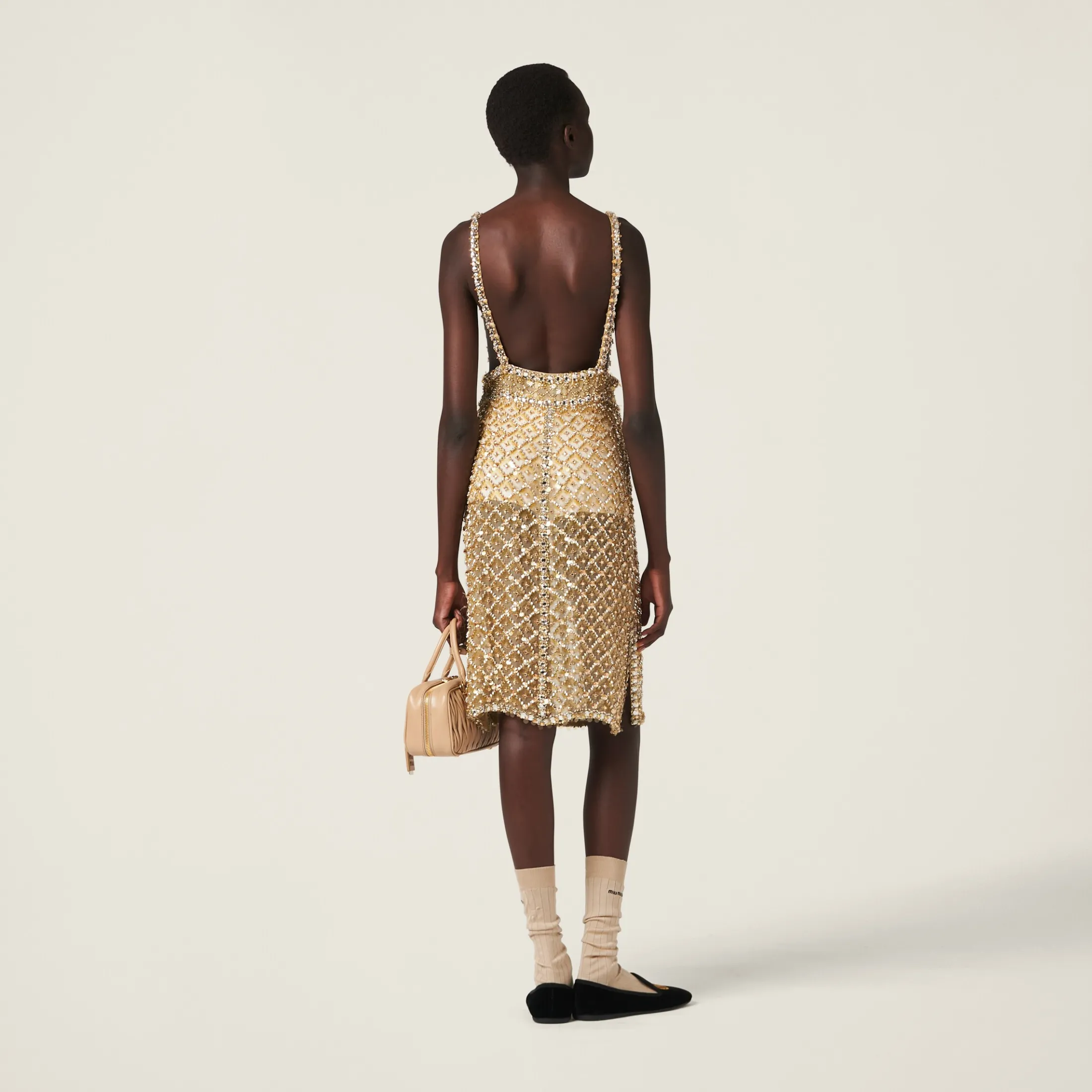 Sand Beige Embroidered Organza Dress | Miu Miu