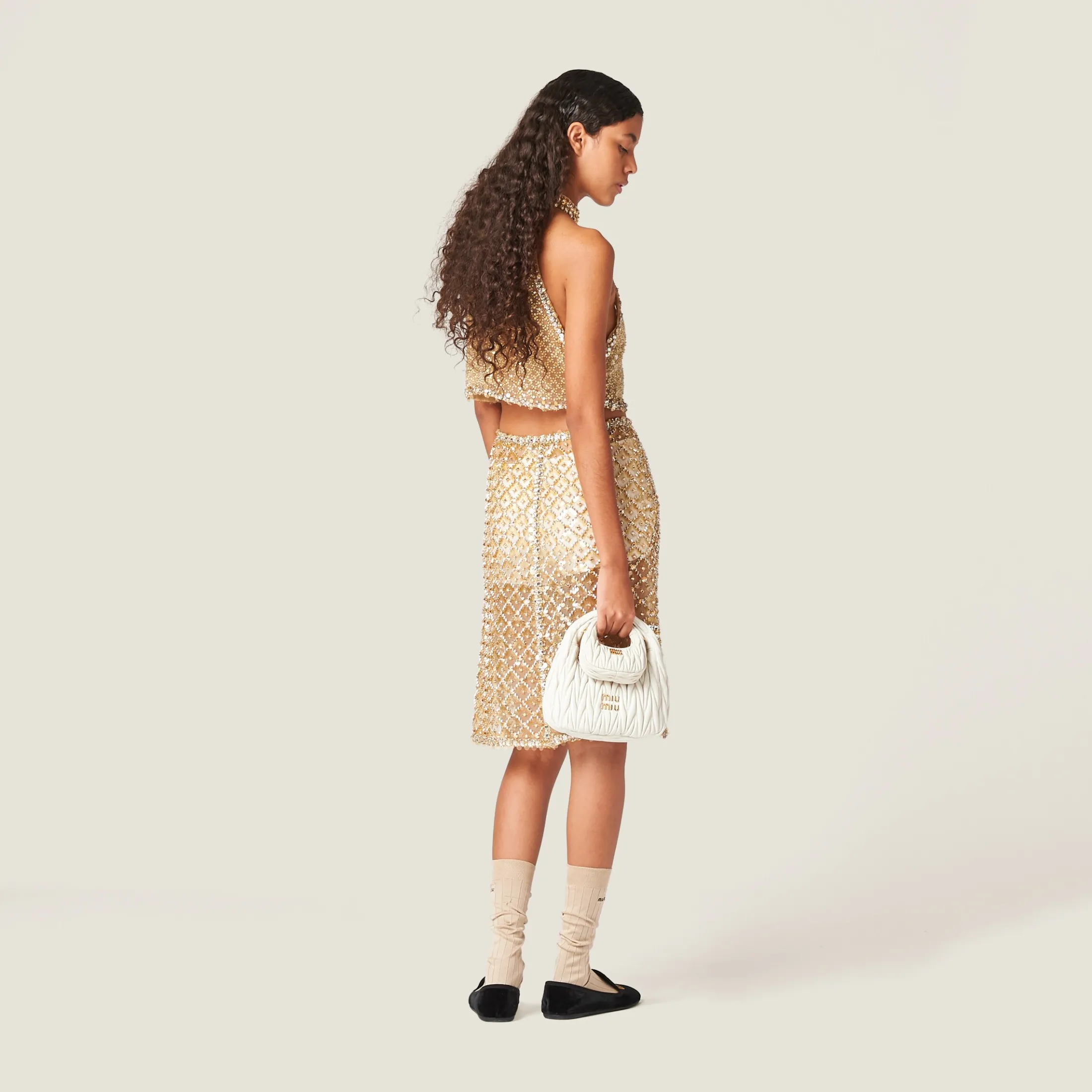 Sand Beige Embroidered Organza Halter Top | Miu Miu
