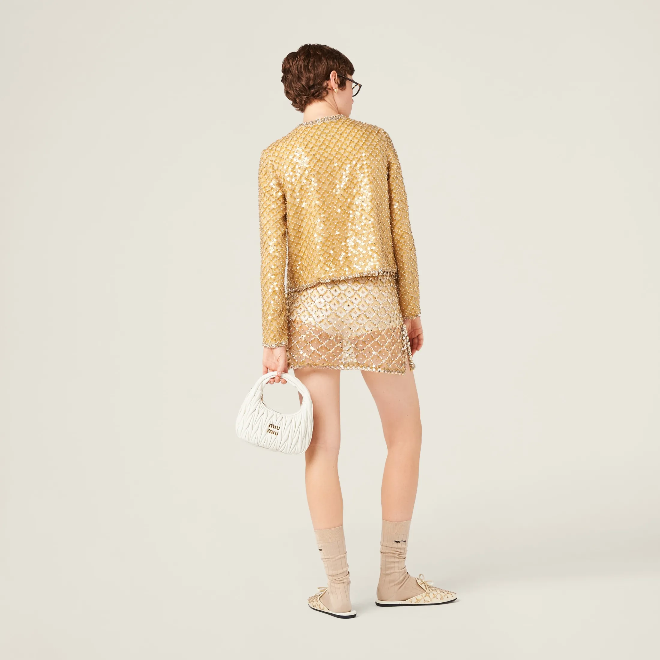 Sand Beige Embroidered Organza Miniskirt | Miu Miu