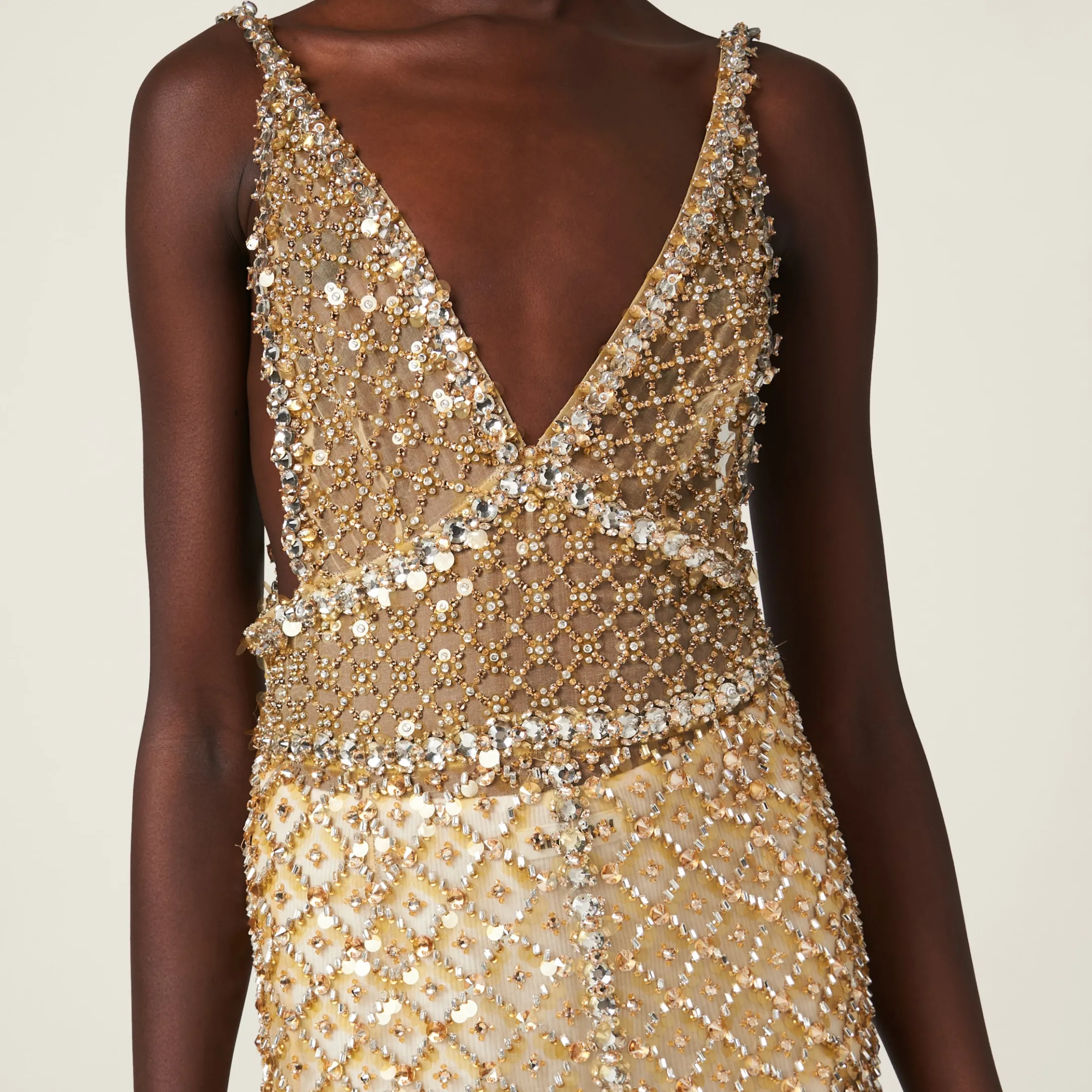 Sand Beige Embroidered Organza Dress | Miu Miu