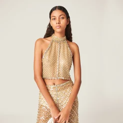 Sand Beige Embroidered Organza Halter Top | Miu Miu