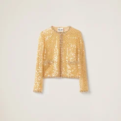 Sand Beige Embroidered Single-breasted Organza Jacket | Miu Miu