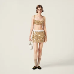 Sand Beige Embroidered Silk And Wool Top | Miu Miu