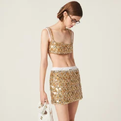 Sand Beige Embroidered Silk And Wool Top | Miu Miu