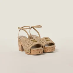 Sand Beige Matelassé Nappa Leather Cork Heel Sandals | Miu Miu