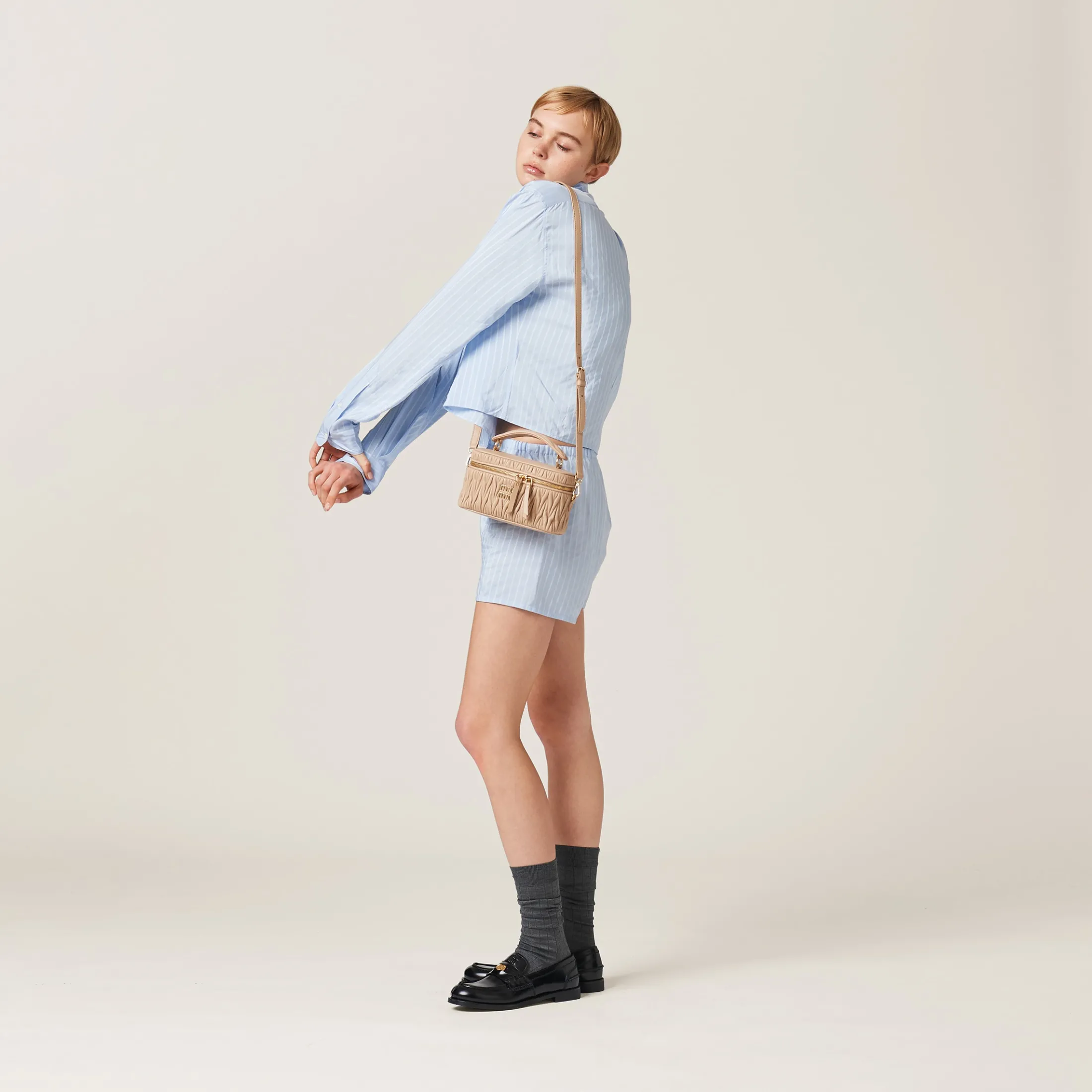 Sand Beige Matelassé Nappa Leather Shoulder Bag | Miu Miu