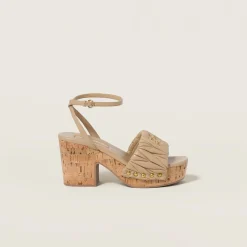 Sand Beige Matelassé Nappa Leather Cork Heel Sandals | Miu Miu