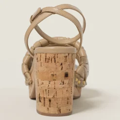 Sand Beige Matelassé Nappa Leather Cork Heel Sandals | Miu Miu