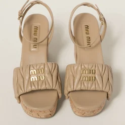 Sand Beige Matelassé Nappa Leather Cork Heel Sandals | Miu Miu