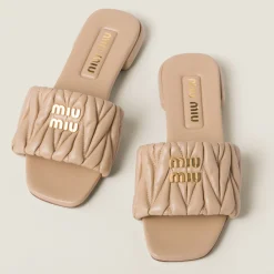 Sand Beige Matelassé Nappa Leather Slides | Miu Miu