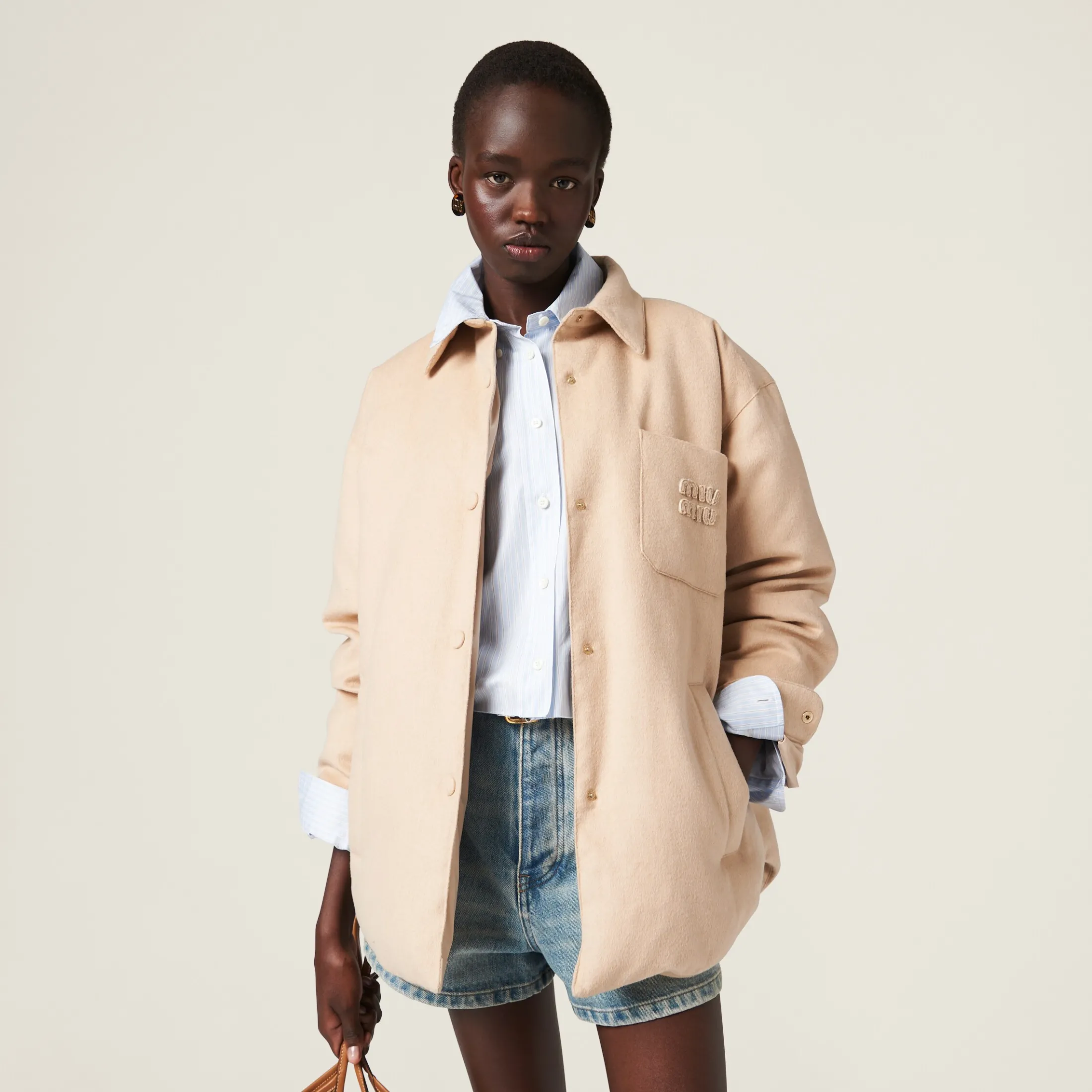 Sand Beige Medium-weight Velour Down Jacket | Miu Miu
