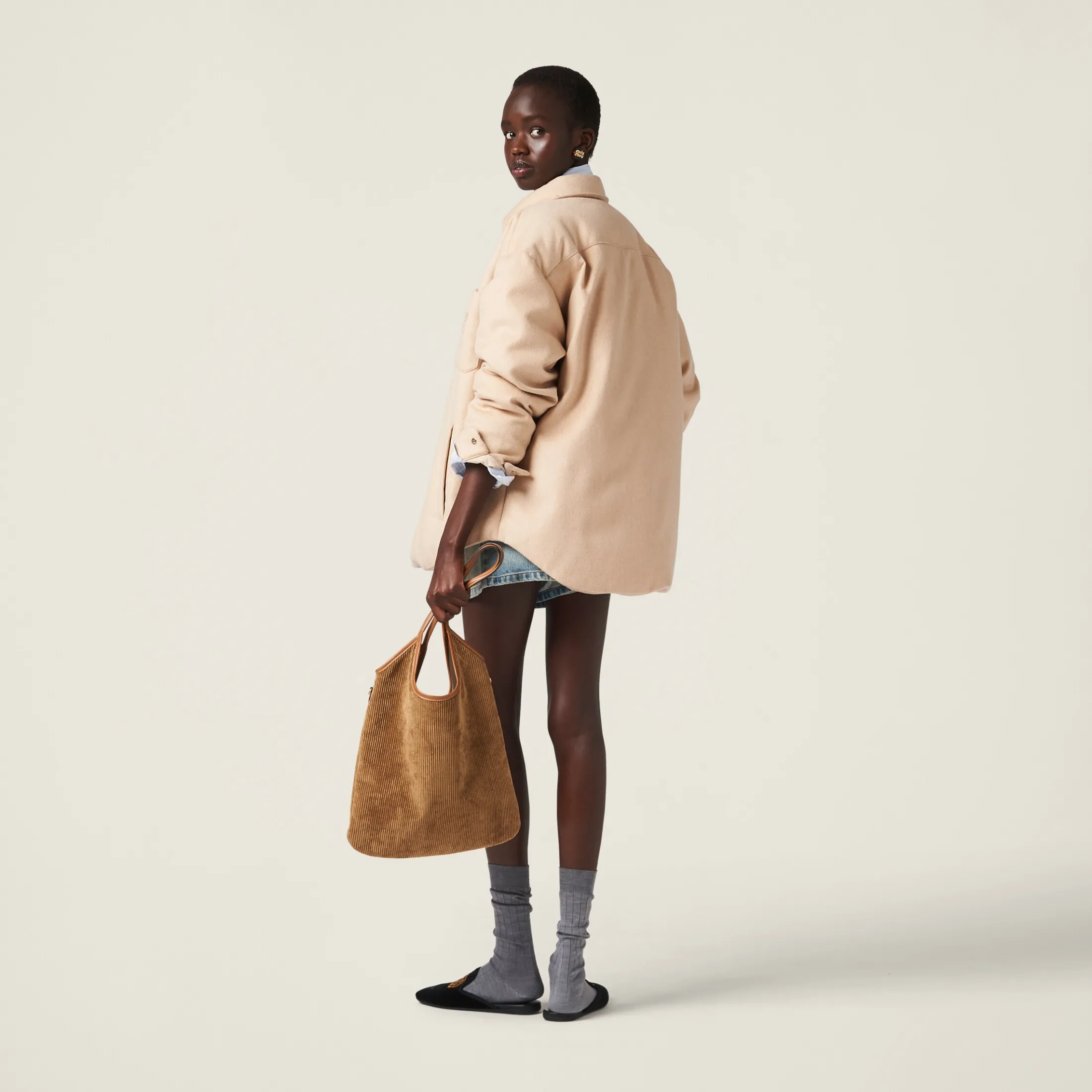Sand Beige Medium-weight Velour Down Jacket | Miu Miu