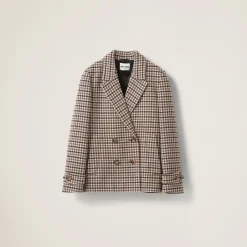Sand+tobacco Double-breasted Houndstooth Check Jacket | Miu Miu