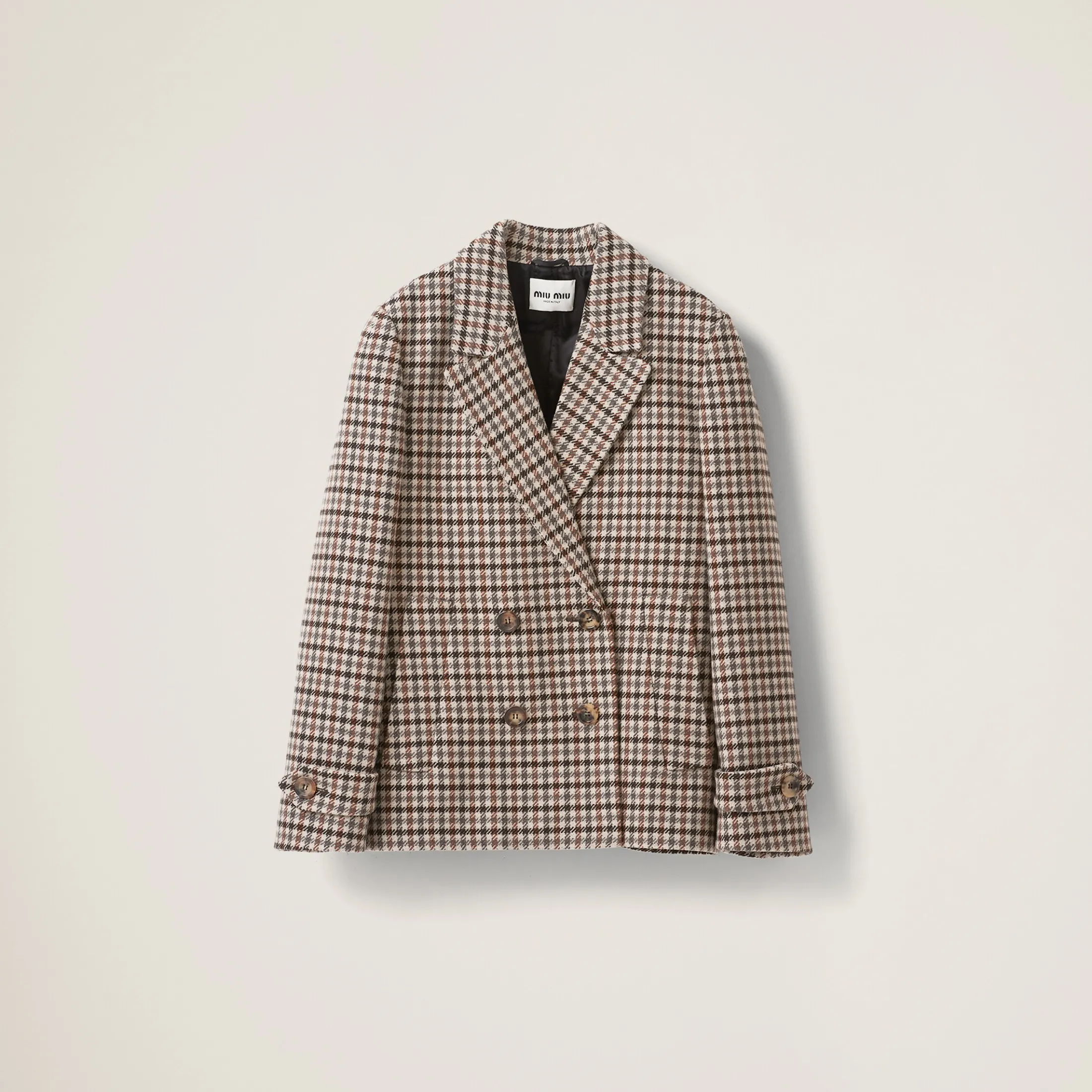 Sand+tobacco Double-breasted Houndstooth Check Jacket | Miu Miu