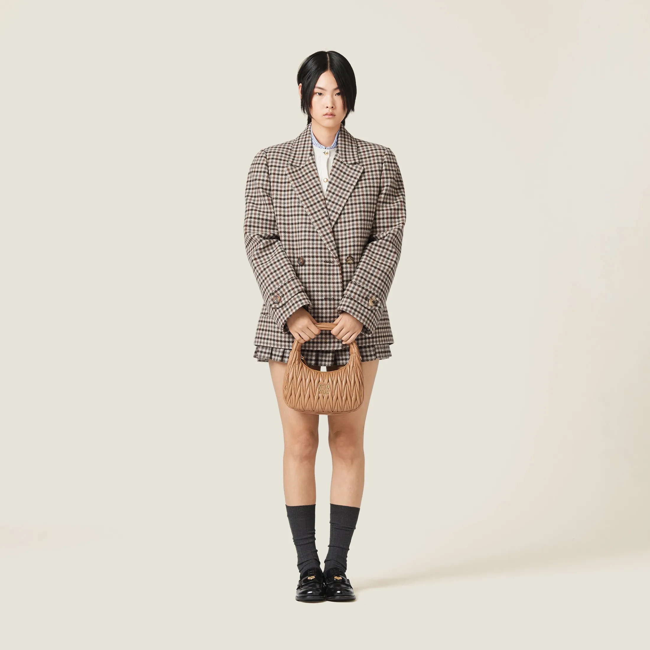 Sand+tobacco Double-breasted Houndstooth Check Jacket | Miu Miu