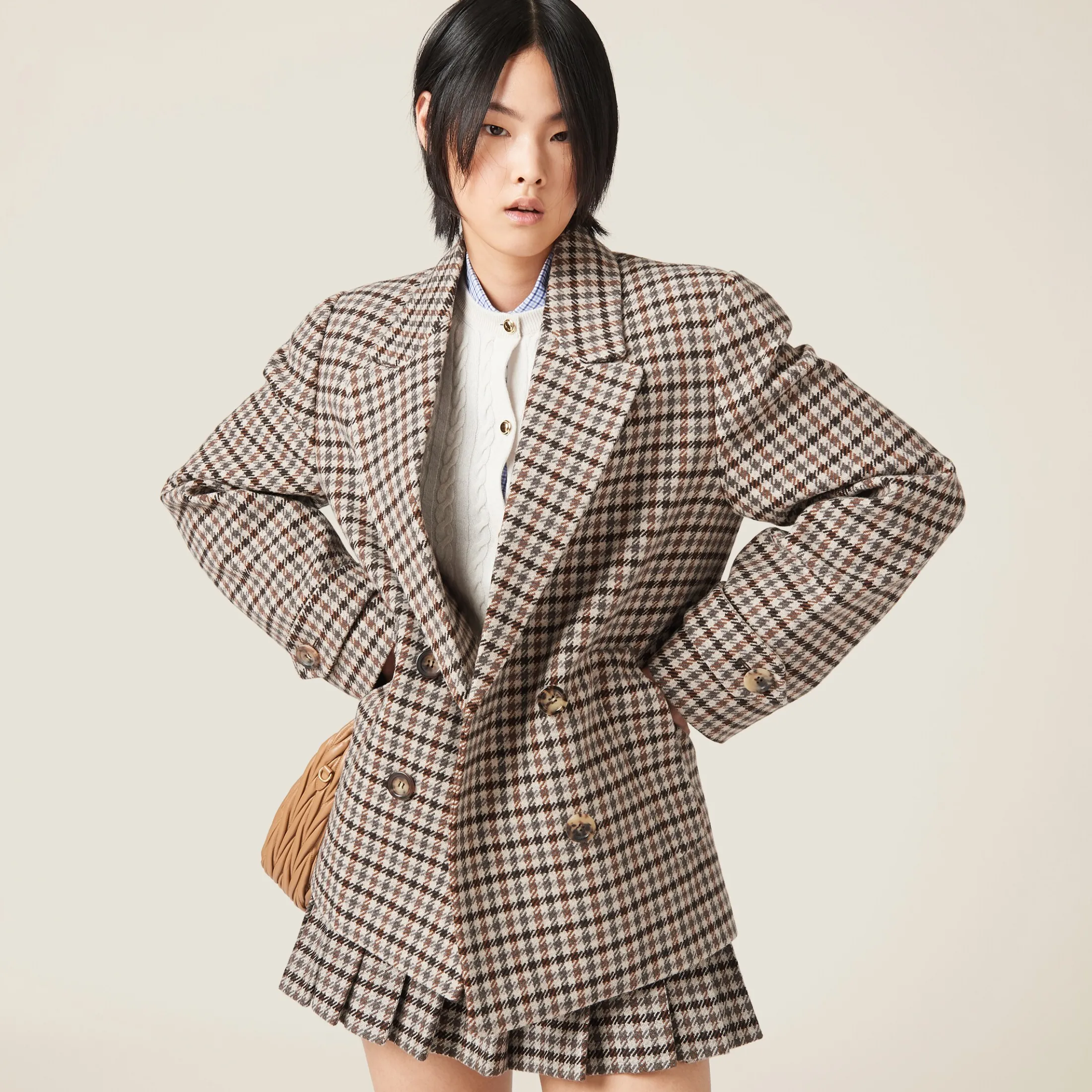 Sand+tobacco Double-breasted Houndstooth Check Jacket | Miu Miu