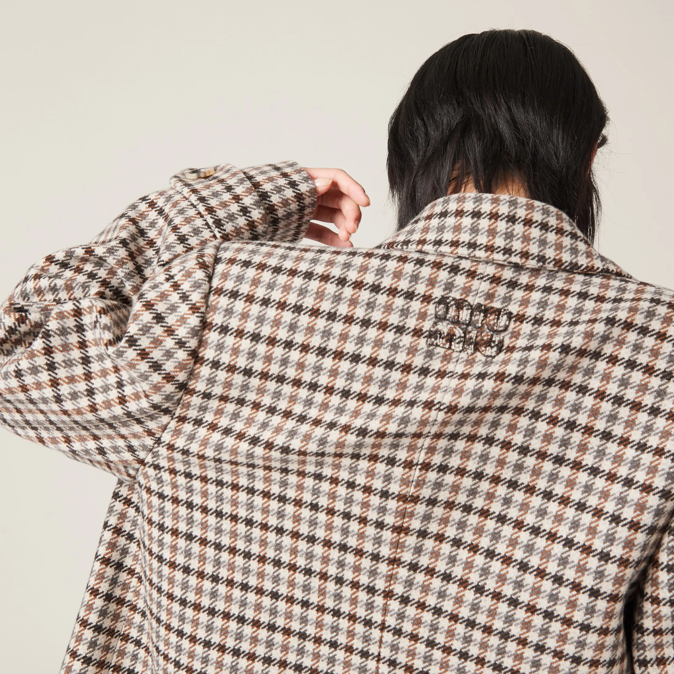 Sand+tobacco Double-breasted Houndstooth Check Jacket | Miu Miu