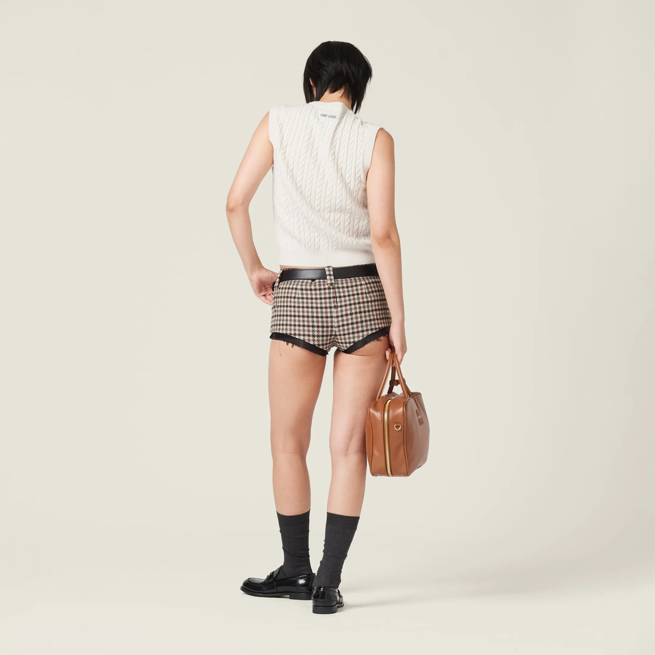 Sand+tobacco Houndstooth Check Shorts | Miu Miu