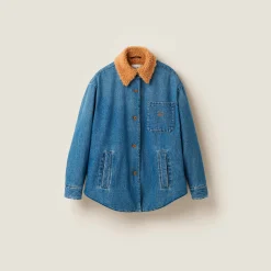 Sapphire Blue Embroidered Denim Blouson Jacket | Miu Miu