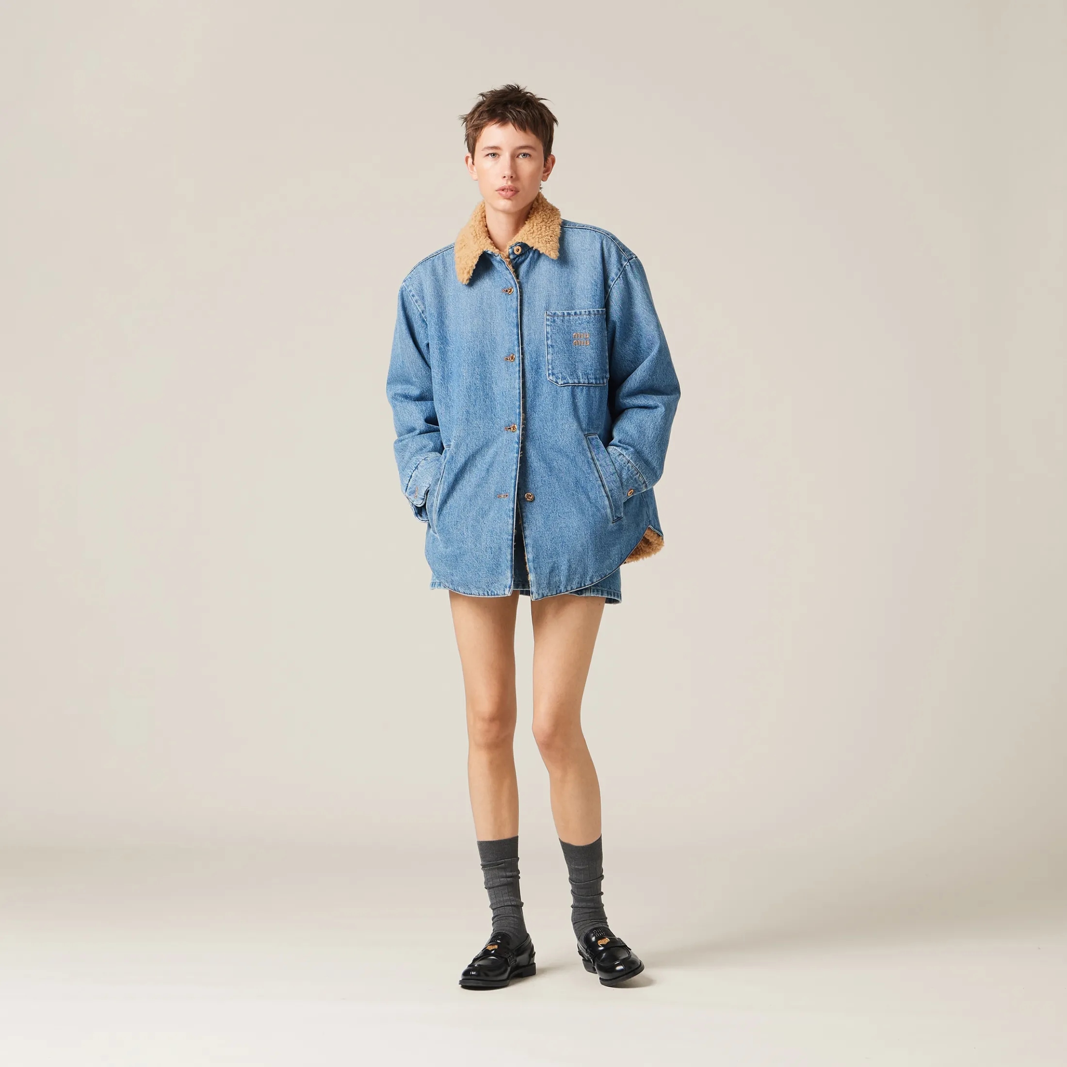 Sapphire Blue Embroidered Denim Blouson Jacket | Miu Miu