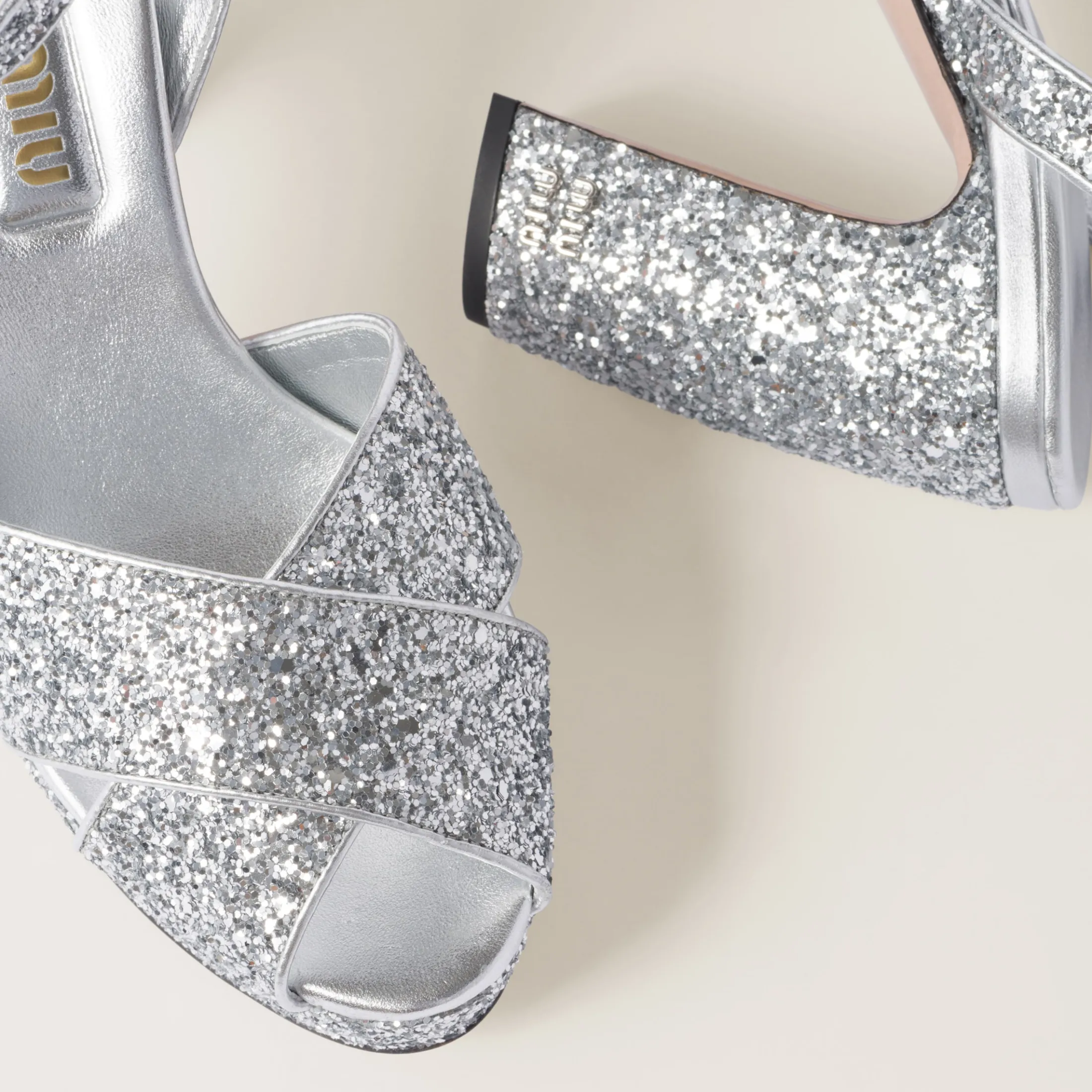 Silver Glitter Sandals | Miu Miu