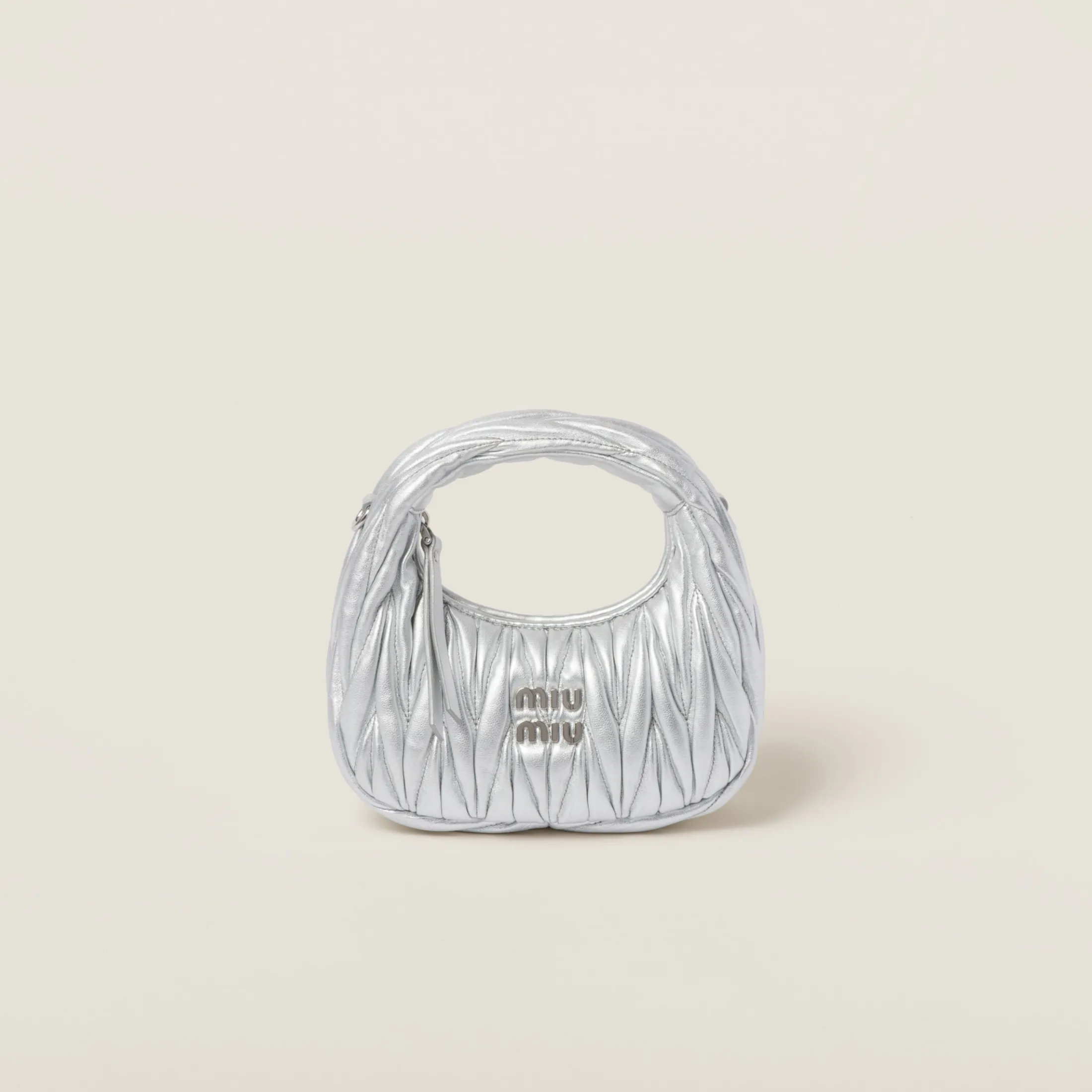 Silver Wander Matelassé Nappa Leather Hobo Mini-bag | Miu Miu
