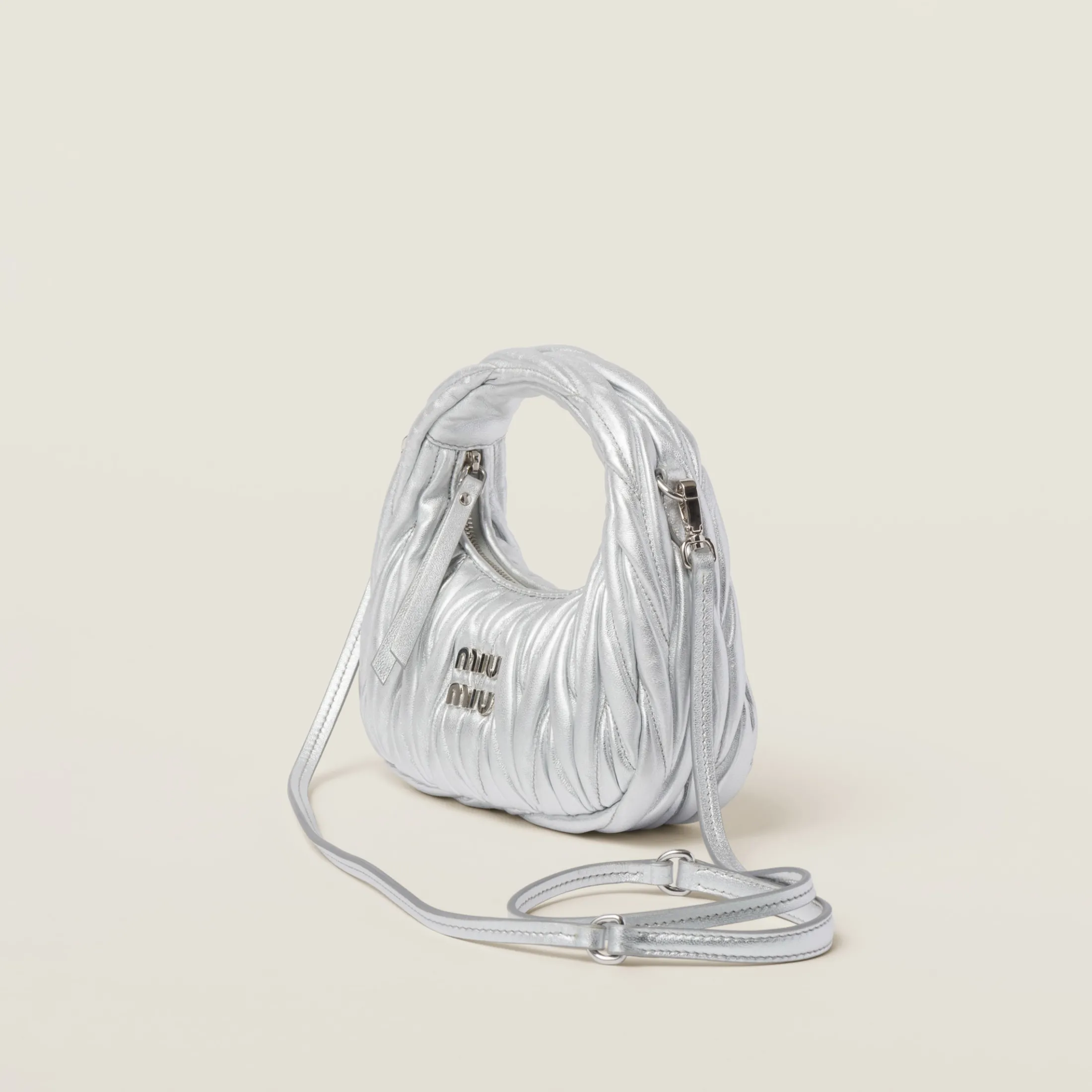 Silver Wander Matelassé Nappa Leather Hobo Mini-bag | Miu Miu