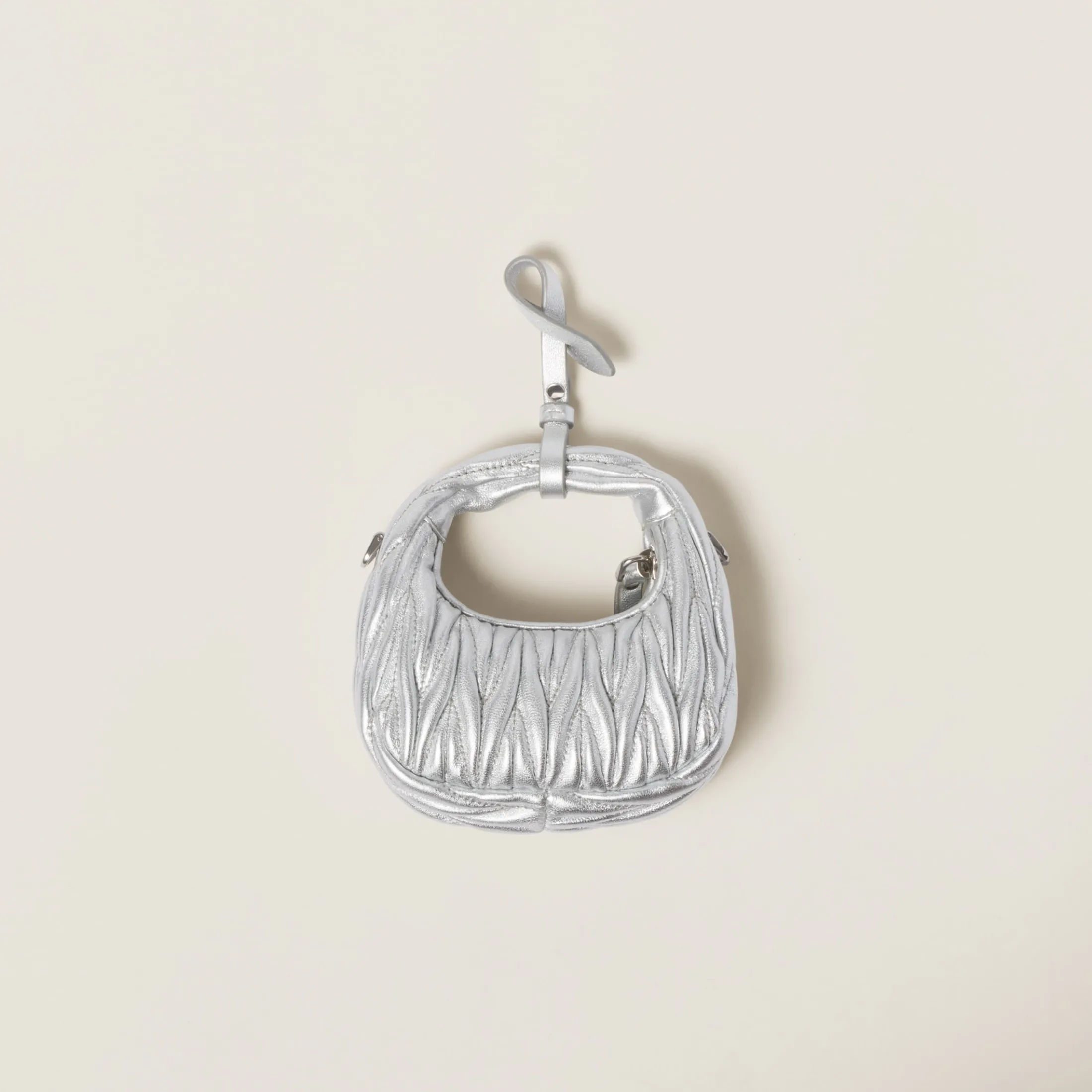 Silver Wander Matelassé Nappa Leather Micro Hobo Bag | Miu Miu