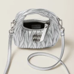 Silver Wander Matelassé Nappa Leather Micro Hobo Bag | Miu Miu