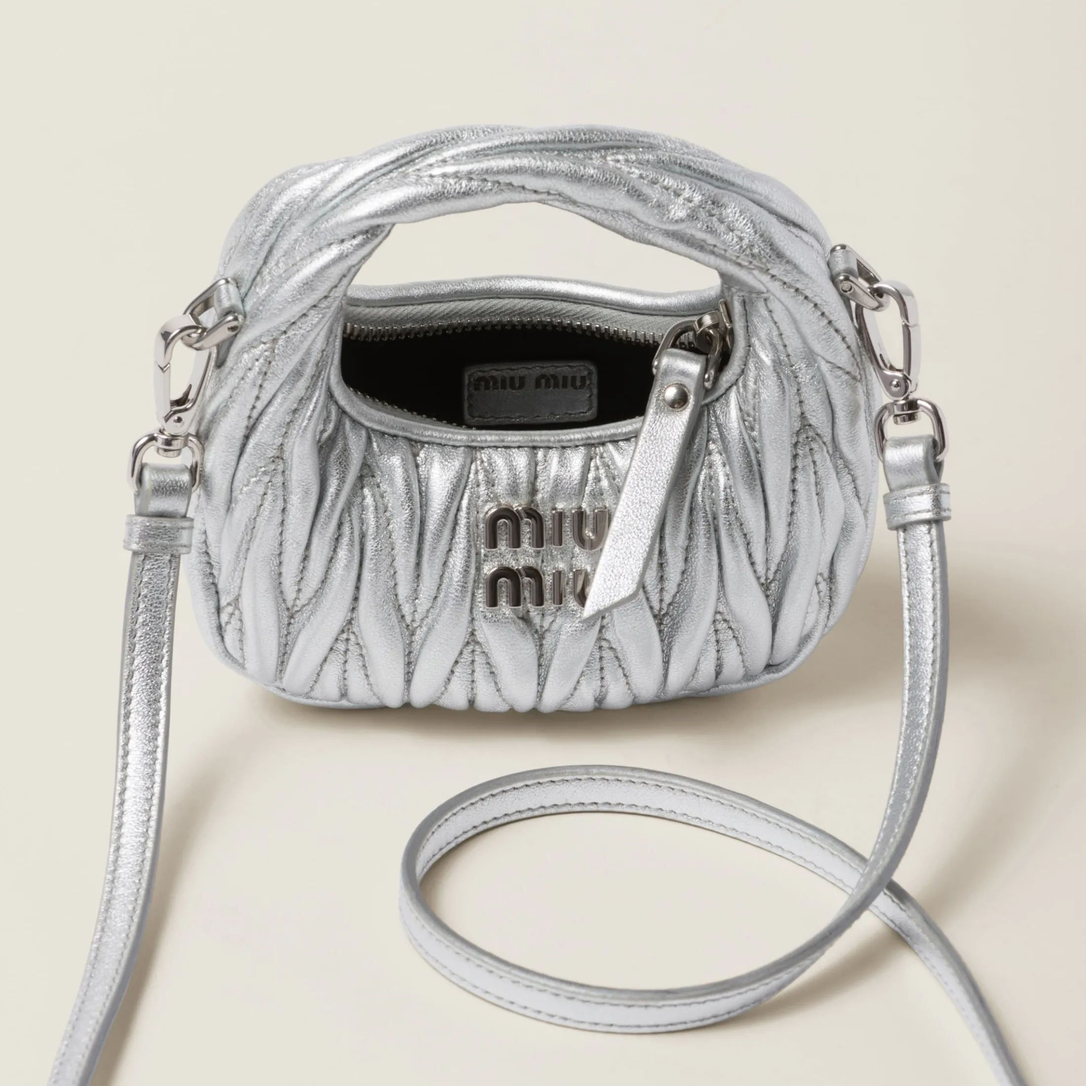 Silver Wander Matelassé Nappa Leather Micro Hobo Bag | Miu Miu