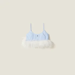 Sky Blue/white Feather-trimmed Striped Cotton Top | Miu Miu