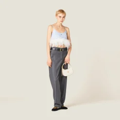 Sky Blue/white Feather-trimmed Striped Cotton Top | Miu Miu