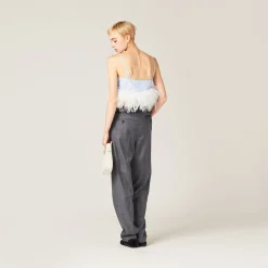 Sky Blue/white Feather-trimmed Striped Cotton Top | Miu Miu