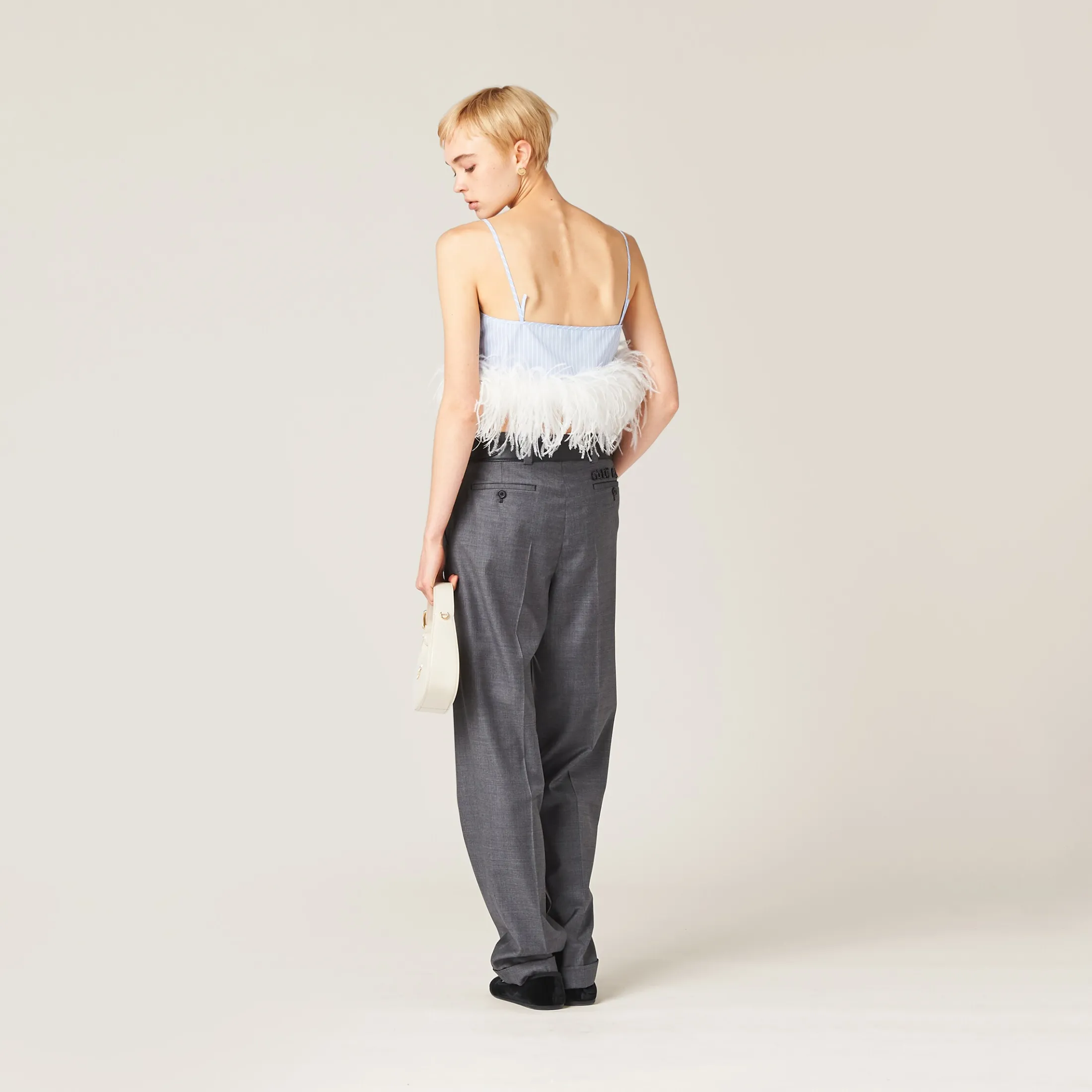 Sky Blue/white Feather-trimmed Striped Cotton Top | Miu Miu