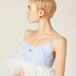 Sky Blue/white Feather-trimmed Striped Cotton Top | Miu Miu