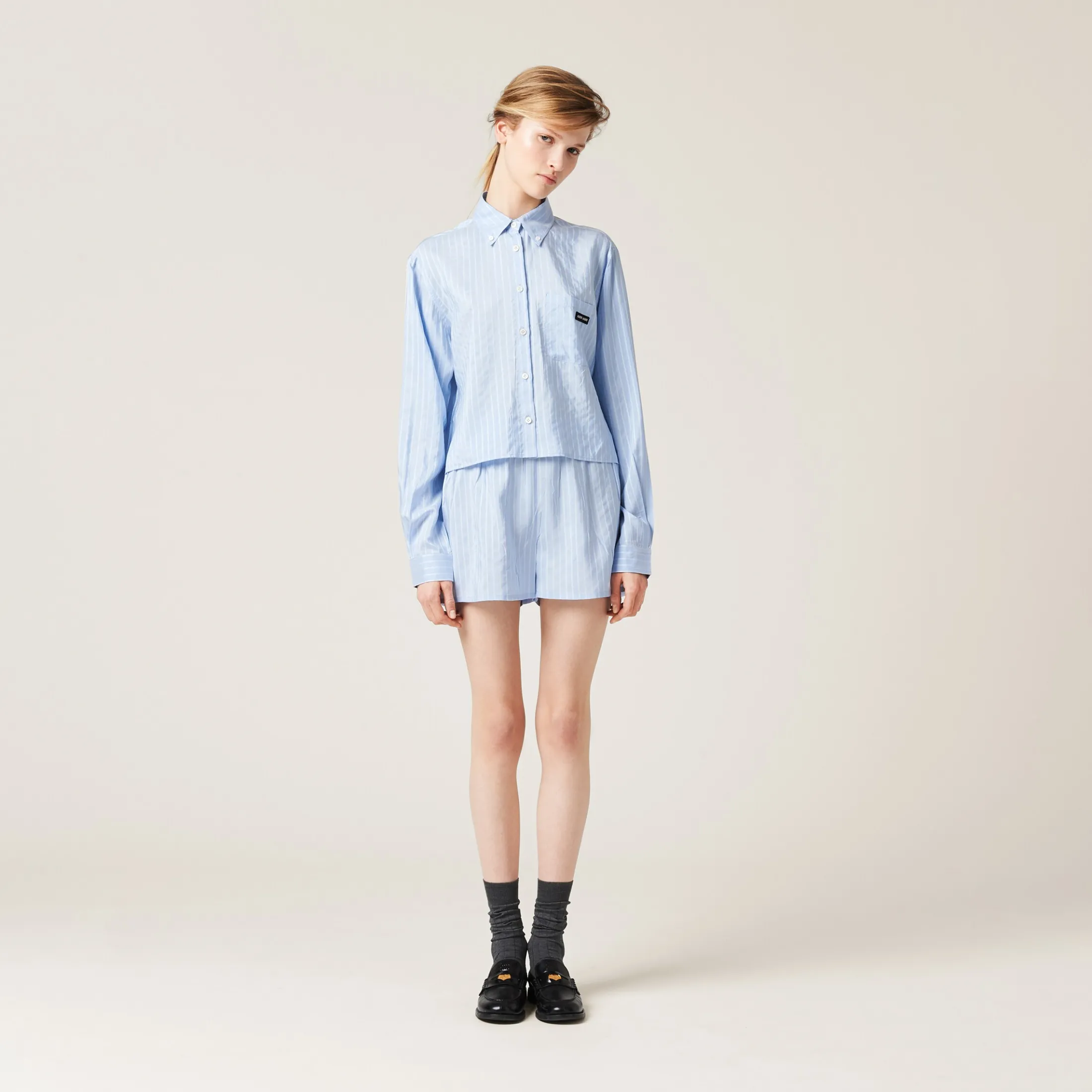 Sky Blue/white Pongé Shirt | Miu Miu