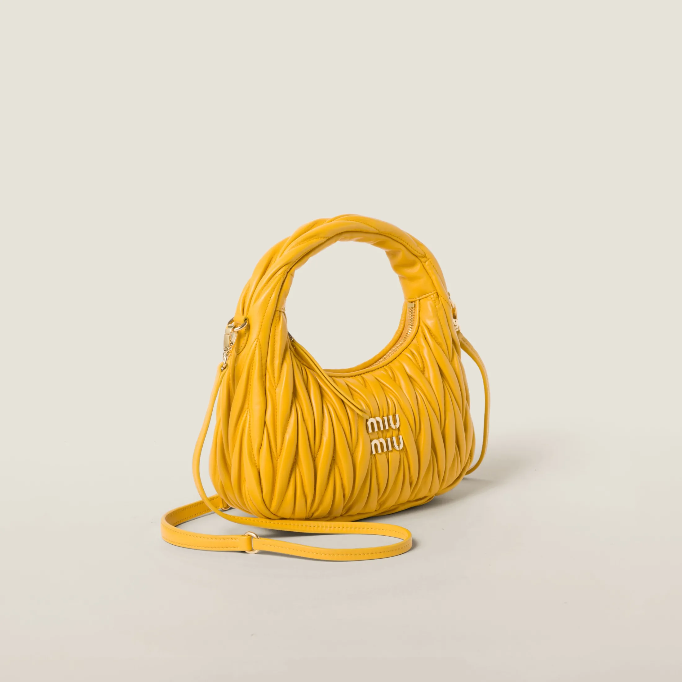 Sunny Yellow Wander Matelassé Nappa Leather Hobo Bag | Miu Miu