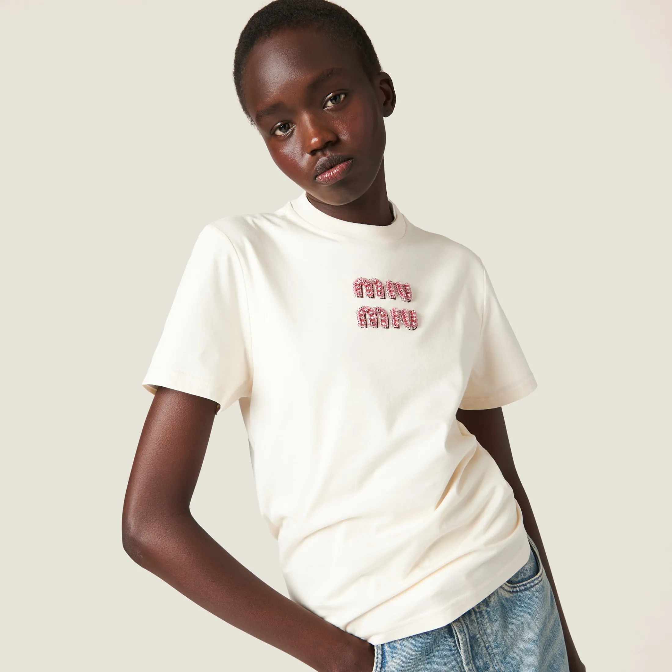 Tan / Pink Jersey T-shirt | Miu Miu