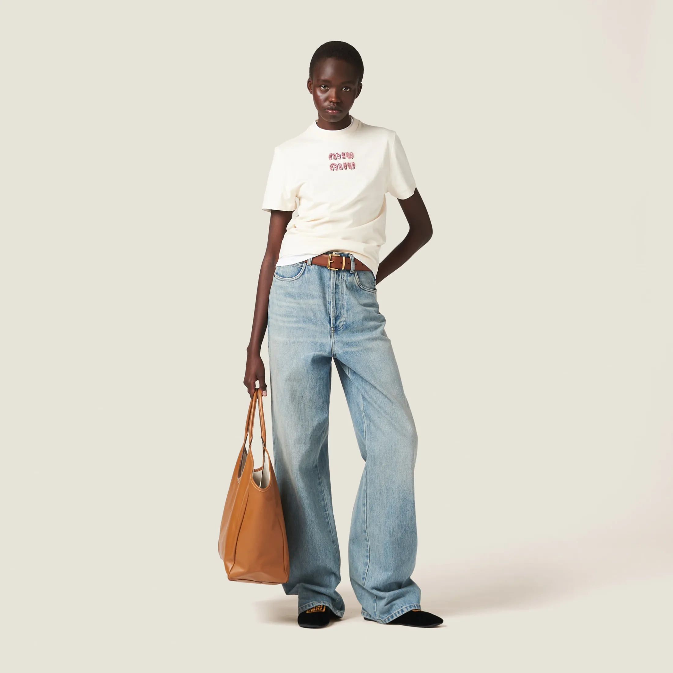 Tan / Pink Jersey T-shirt | Miu Miu