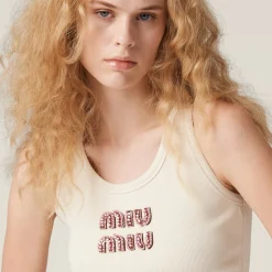 Tan / Pink Ribbed Jersey Top | Miu Miu