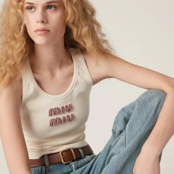 Tan / Pink Ribbed Jersey Top | Miu Miu