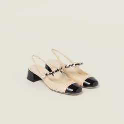Tan/black Patent Leather And Raffia Slingback Pumps | Miu Miu