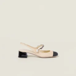 Tan/black Patent Leather And Raffia Slingback Pumps | Miu Miu