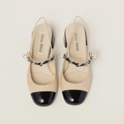 Tan/black Patent Leather And Raffia Slingback Pumps | Miu Miu