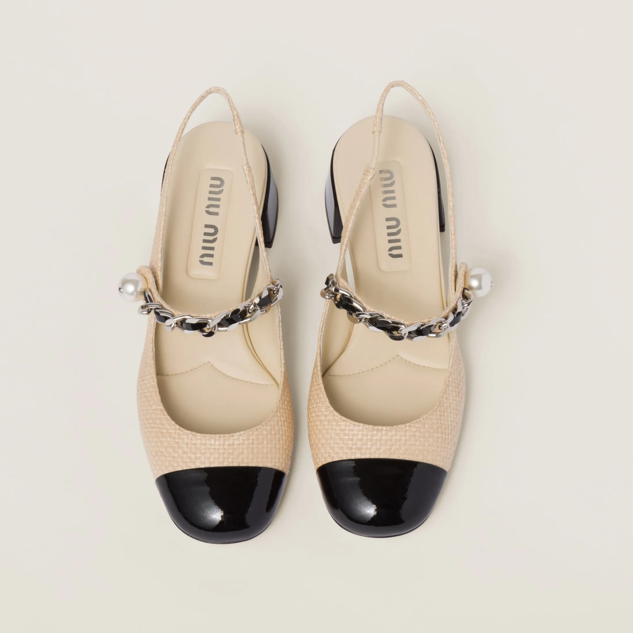 Tan/black Patent Leather And Raffia Slingback Pumps | Miu Miu