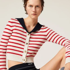 Tan/red Cashmere Knit Cardigan | Miu Miu