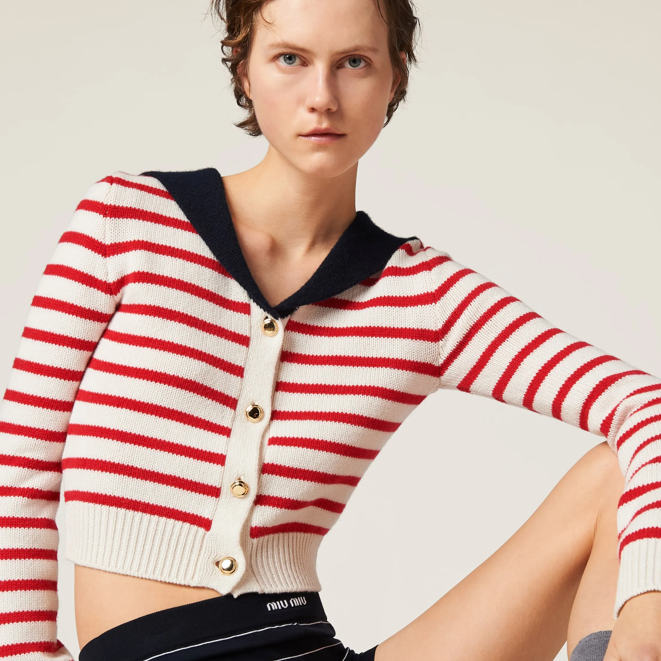 Tan/red Cashmere Knit Cardigan | Miu Miu