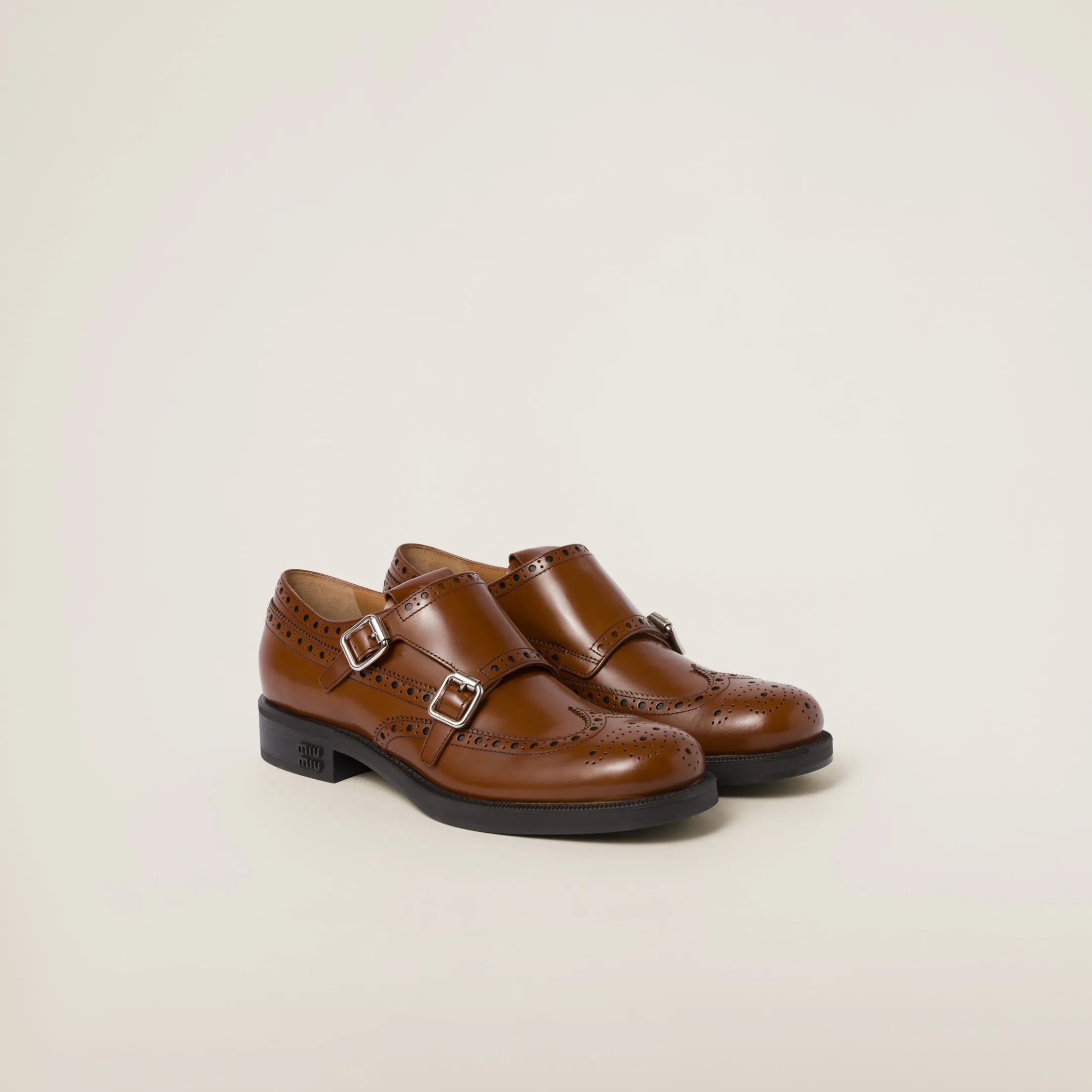 Tobacco Church's X Miu Miu Brushed Leather Double Monk Brogue Shoes | Miu Miu