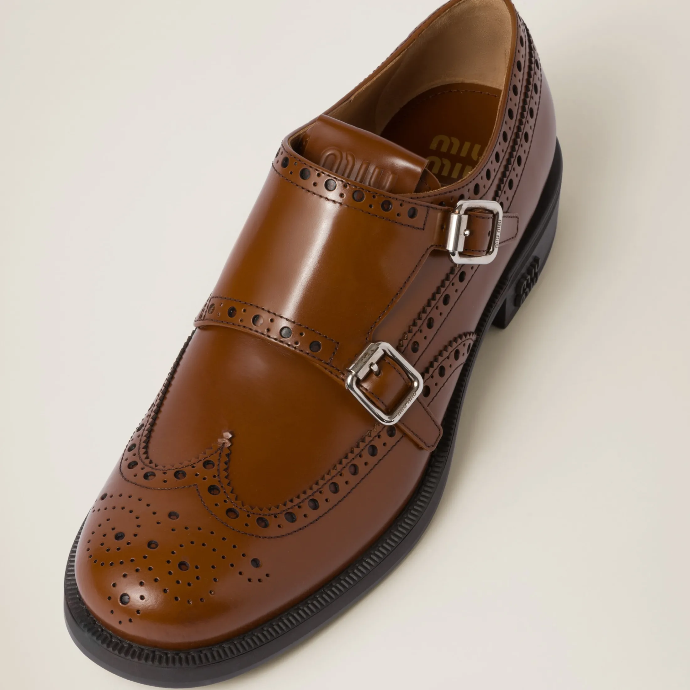 Tobacco Church's X Miu Miu Brushed Leather Double Monk Brogue Shoes | Miu Miu